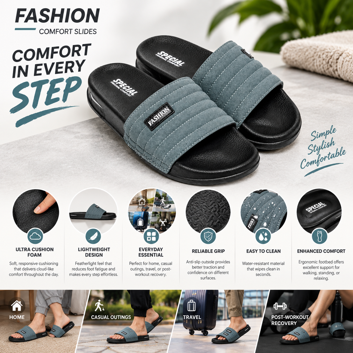 FASHION COMFORT SLIDES | ULTRA CUSHION FOAM | “LIGHTWEIGHT • ALL DAY COMFORT"